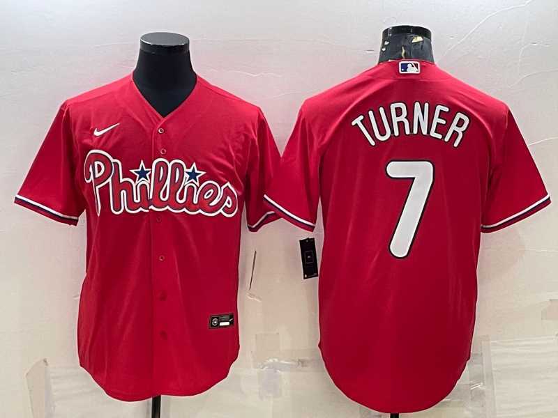 Men%27s Philadelphia Phillies #7 Trea Turner Red Cool Base Stitched Baseball Jersey
